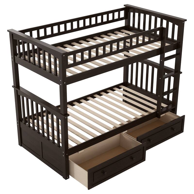 Twin over Twin Bunk Bed with Storage Drawers, Convertible to 2 Separate Beds, Espresso