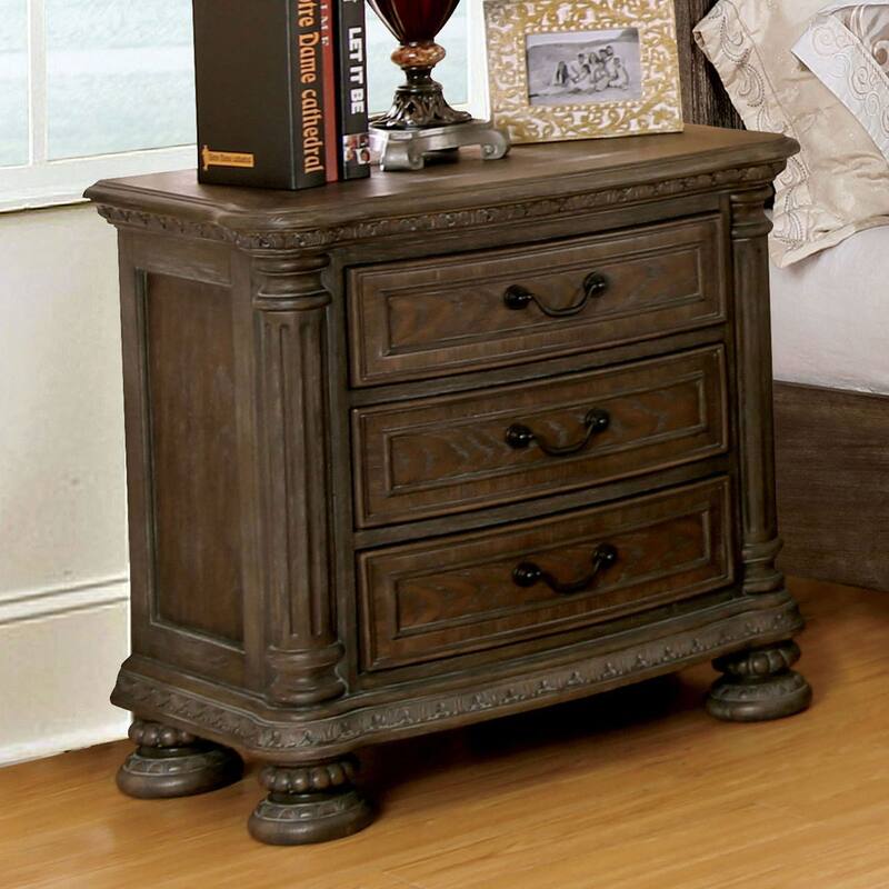 Traditional Rustic Natural Solid wood 1pc Nightstand Bronze Hanging Pull Bedroom Bedside Table w 3-Drawers