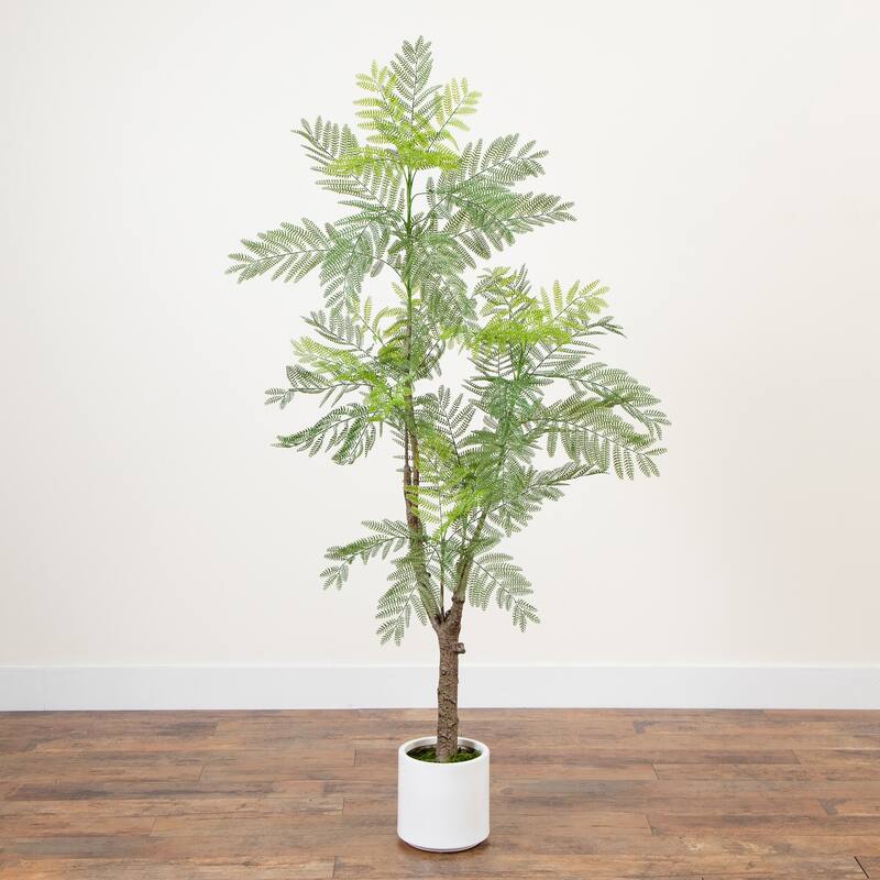 Jacaranda Leave Artificial Tree with White Planter - 6' - Green