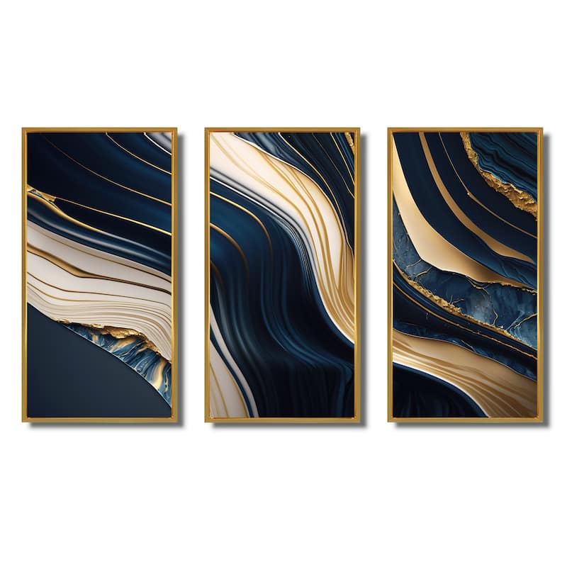 Designart "Abstract Geode Waves Blue And Gold II" Modern Waves Framed Canvas Art Print - 3 Panels