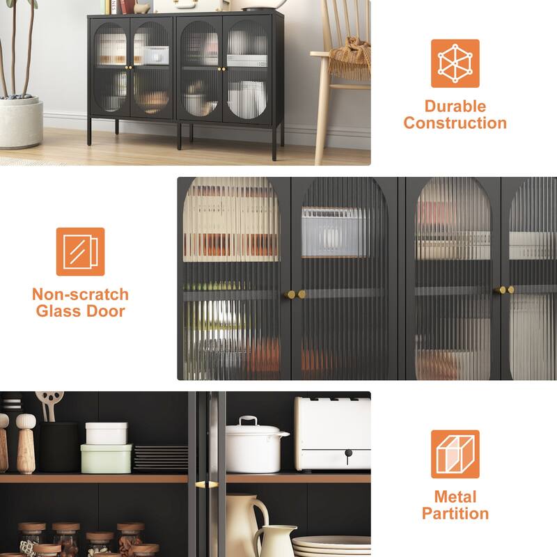 Metal Sideboard Cabinet with 4 Glass Door, Steel Locker Sideboard Buffet Cabinet, Sideboard Buffet Cabinet with 4 Doors