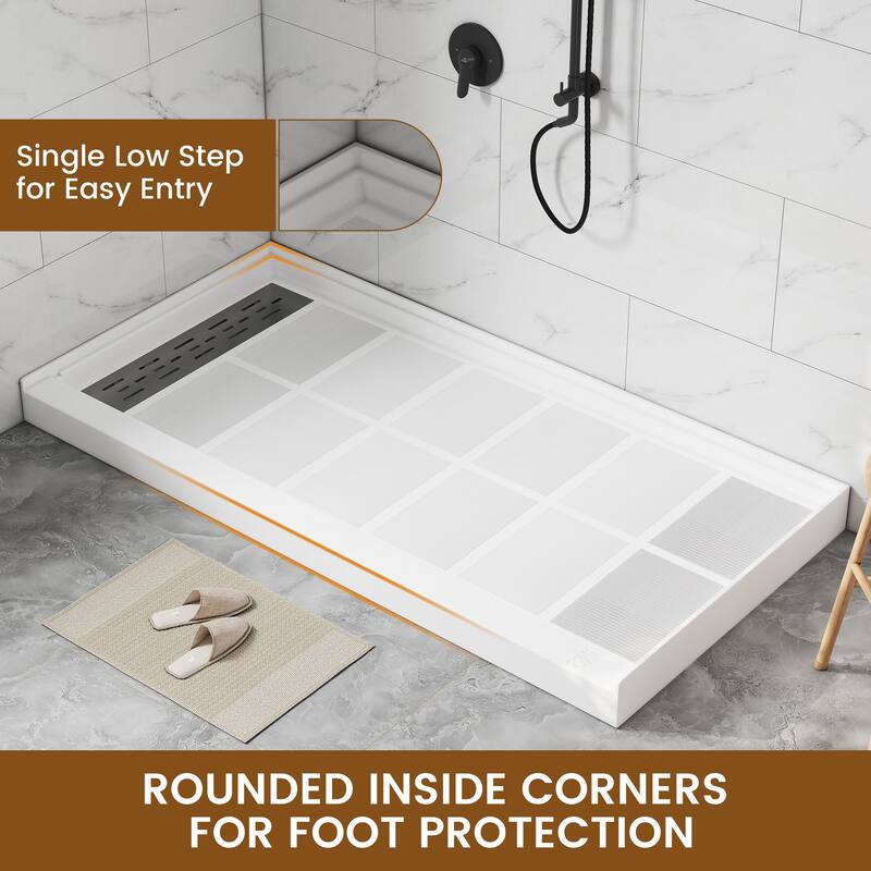 60 in. x 32 in. Elegant White Single Threshold Anti-slip SMC Rectangular Shower Base with Drain and Stainless Steel Drain Cover