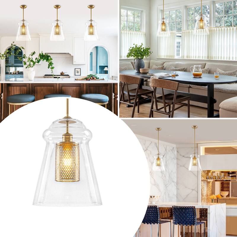 Modern Gold Kitchen Island Pendant Light with Clear Seeded Glass Shade - Dia.11.5-in