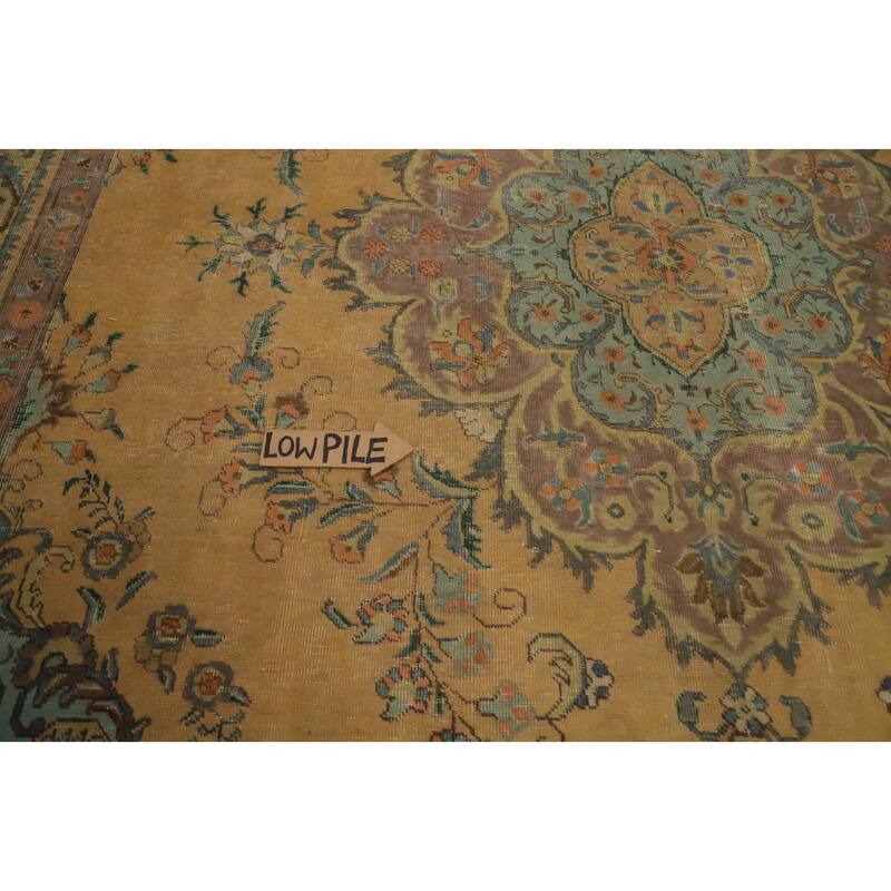 Hand Knotted Oriental 100% Wool Carpet Traditional Floral Yellow & Gold Tabriz Area Rug - 12' 10'' X 9' 10''