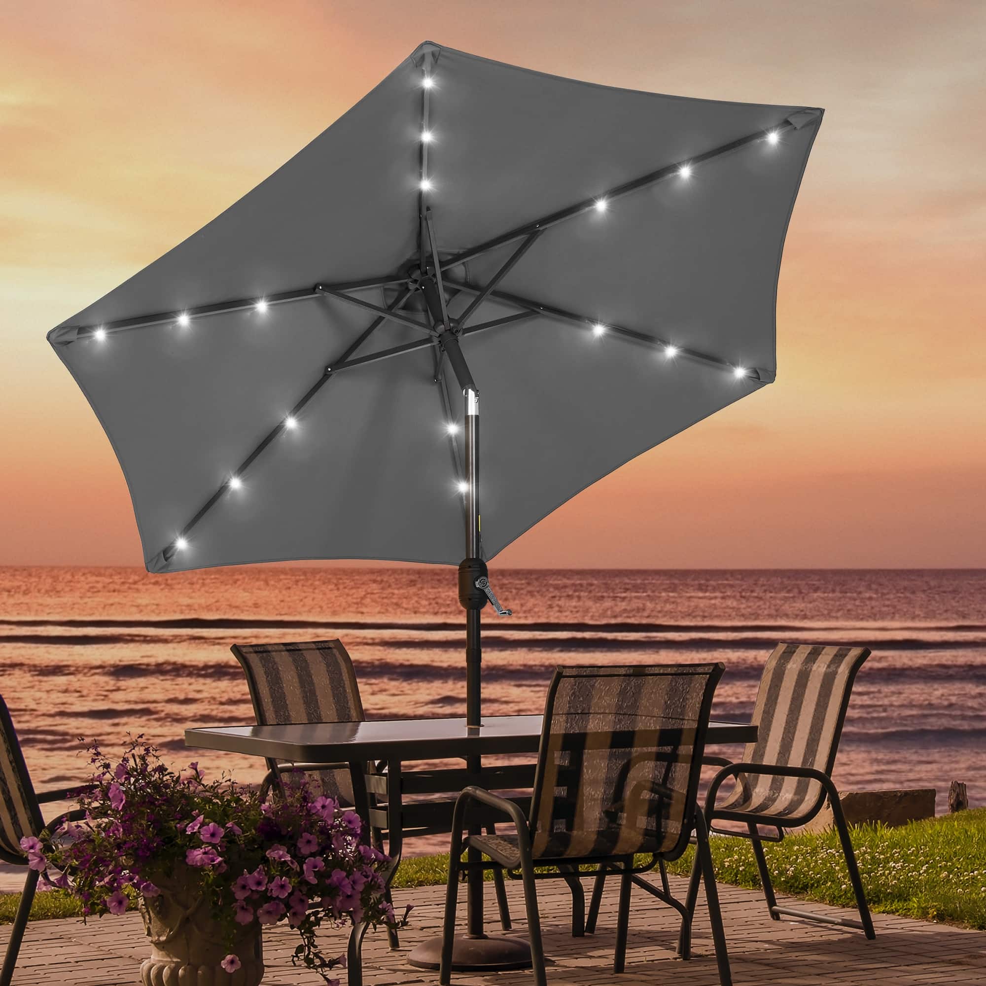 7.5 patio umbrella with solar lights Outsunny 9' x 7' LED & Tilt Crank UPF50+ fabric blocks strong sun rays OVIOS LED Patio Umbrella -