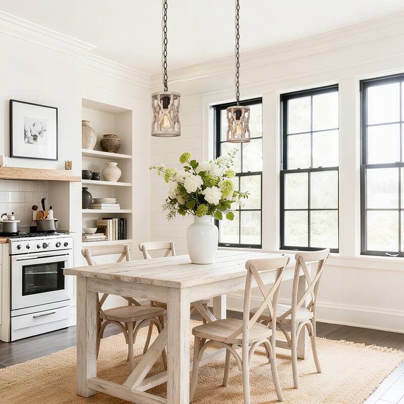 Farmhouse 1-Light Rustic Wood Pendant Light for Kitchen Island Dining Room - 6'' L x 6'' W x 11'' H