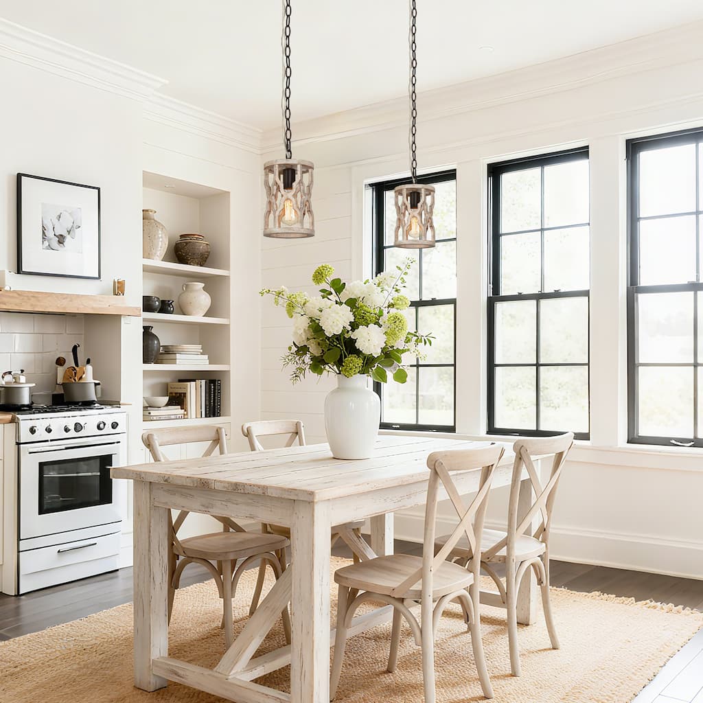 Farmhouse 1-Light Rustic Wood Pendant Light for Kitchen Island Dining Room - 6'' L x 6'' W x 11'' H