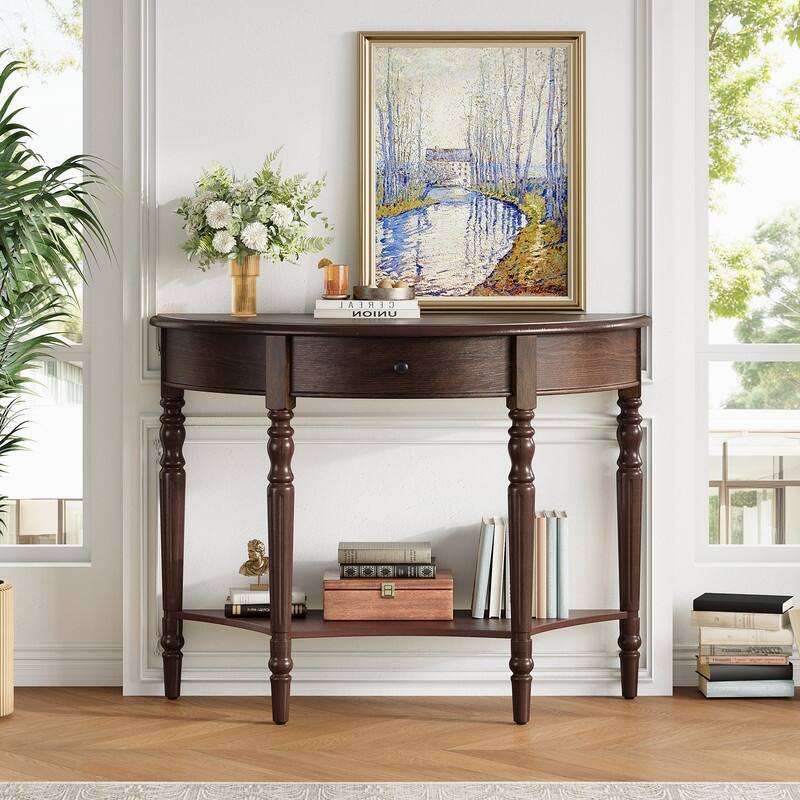 Farmhouse Half Moon Console Table with Drawer and Shelf for Entryway and Living Room Decor