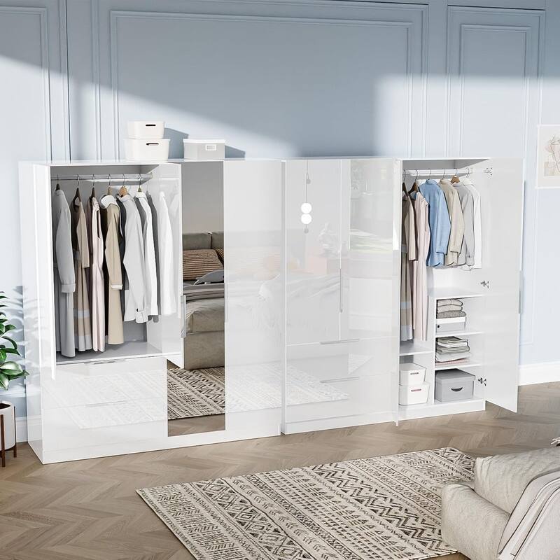 Armoire 4 Doors 2 Drawers with Full-length Mirror Door with High Gloss Paint