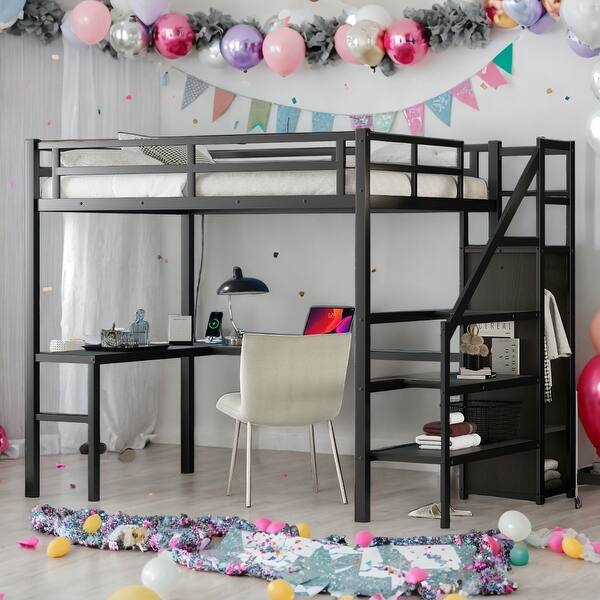 slide 2 of 12, Kids and Baby Full Size LED Loft Bed with L-shaped Desk,USB,Wardrobe Black