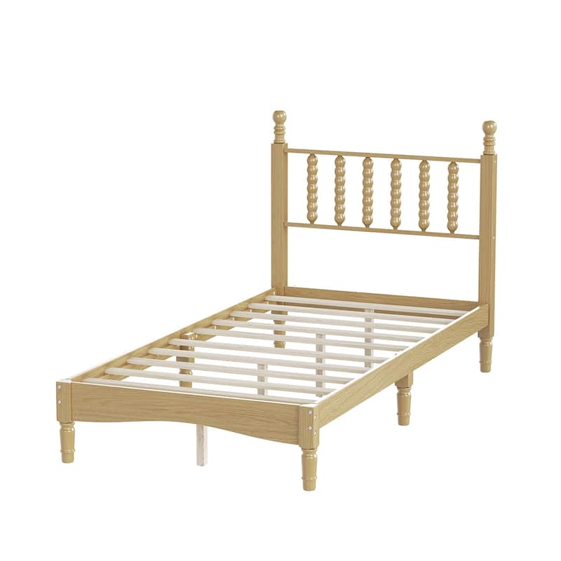 Twin/Full/Queen/King Retro Style Wood Platform Bed with Gourd Headboard and Wooden Slat Support