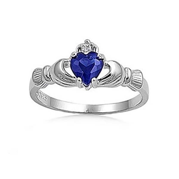 Silver Irish Claddagh Friendship Love Sapphire Blue Heart Cubic