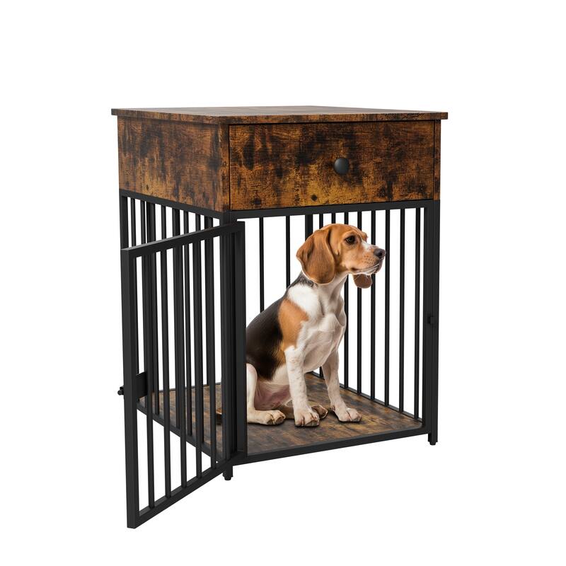 Dog Crate Furniture, Dog House, Decorative Dog Kennel with Drawer, Indoor Pet Crate End Table for Small Dog, Iron-Tube Dog Cage