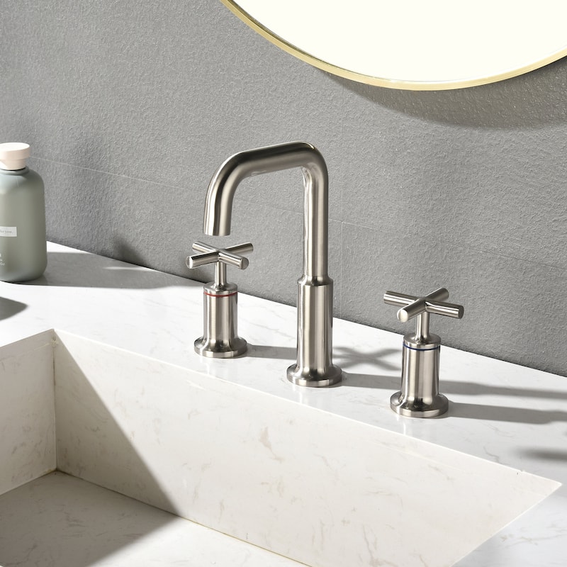 Three-Hole Cross Handle Copper Bathroom Sink Faucet - Brushed nickel