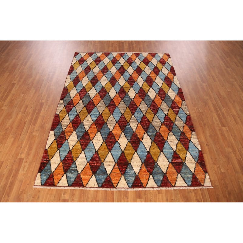 Trellis Moroccan Oriental Area Rug Hand-Knotted Tribal Wool Carpet - 6'9" x 9'5"