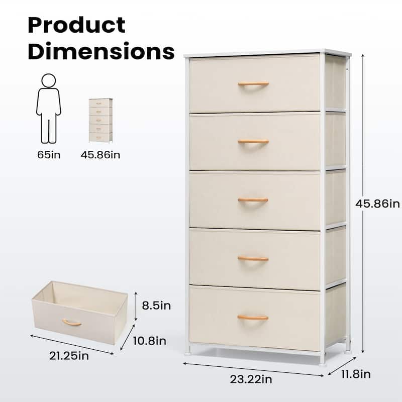 Pellebant Fabric Vertical Dresser Storage Chest Tower with 5 Drawers