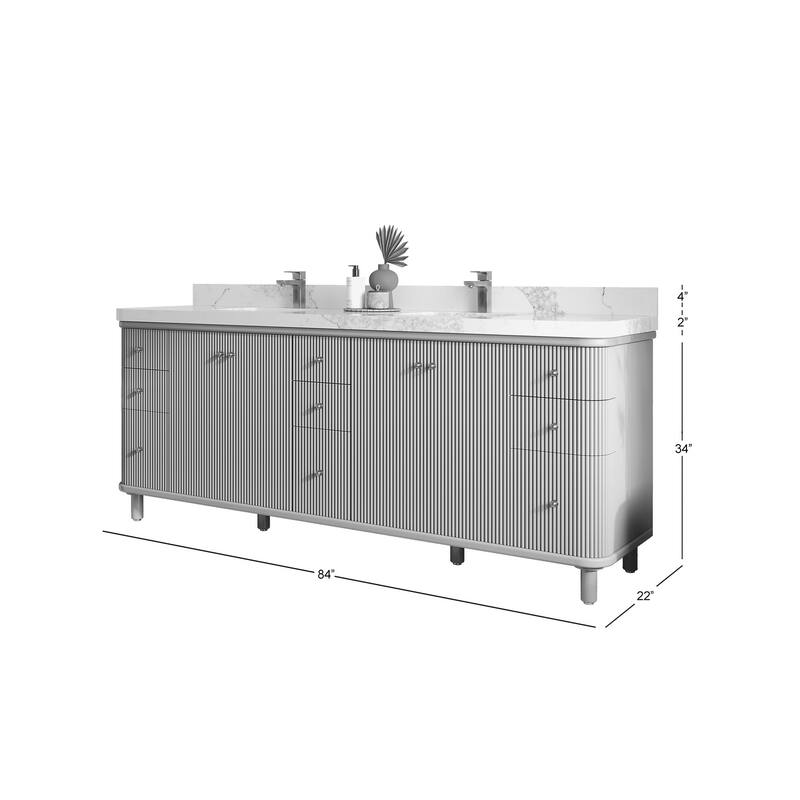Willow Collections 84 in. W x 22 in. D Reeded Miami Double Bowl Sink Bathroom Vanity with Countertop