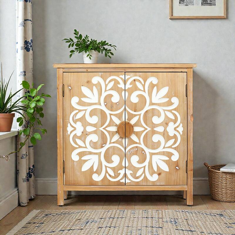 Rustic Wooden Accent Cabinet with Floral Carved Doors, 2-Door Storage Sideboard for Living Room