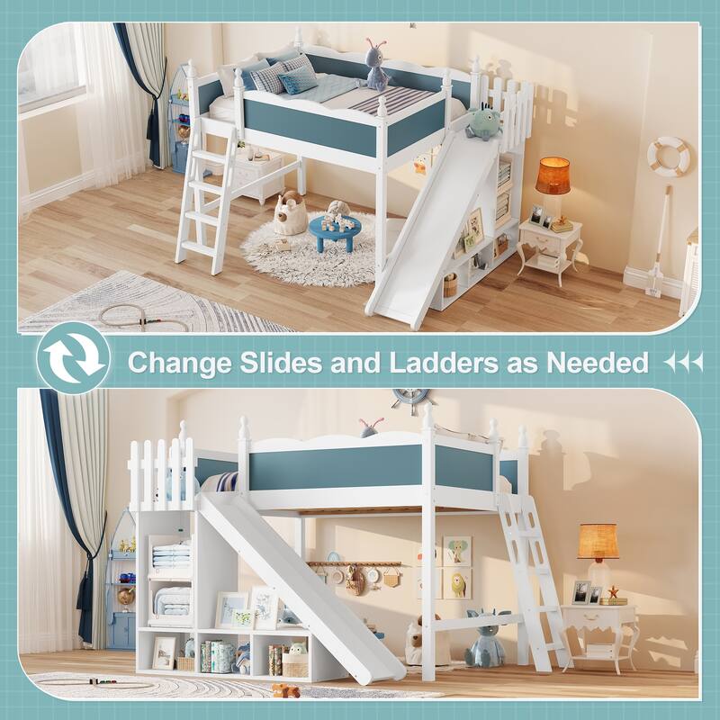 Modern High Loft Beds with Full Length Guardrails, Solid Wood Storage Loft Bed Frame with Detachable Slide and Ladders