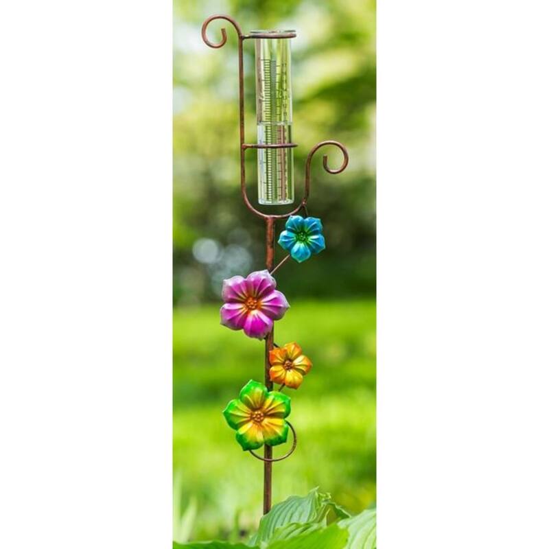 42"H Climbing Flower Rain Gauge, Pink/Green