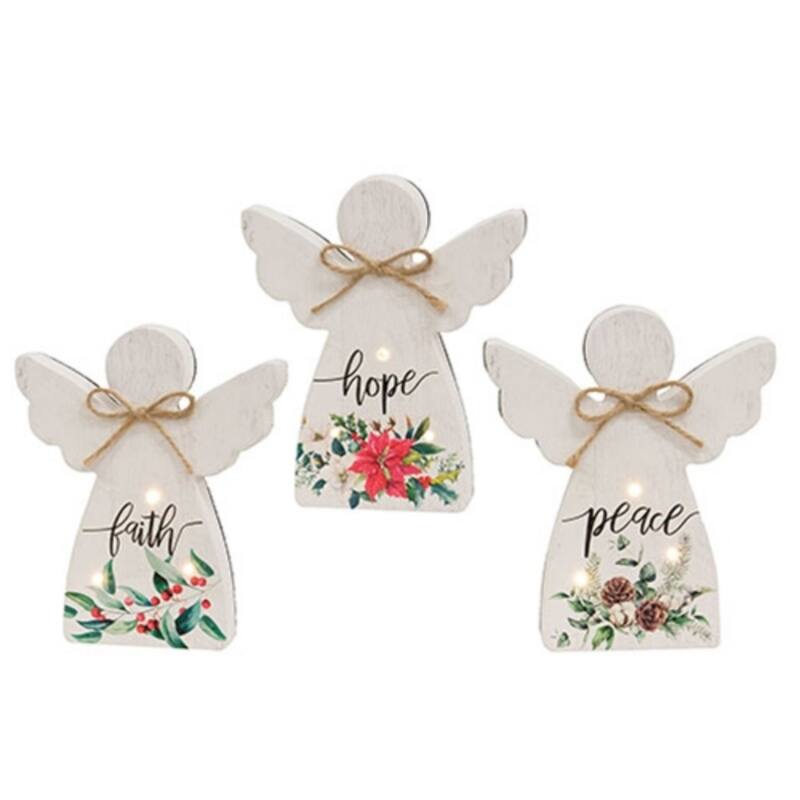 White Wood Angel LED Sitters with Rustic Carved Design and Jute Bows, 3 Asstd. - 5” L X 0.88” W x 6” H