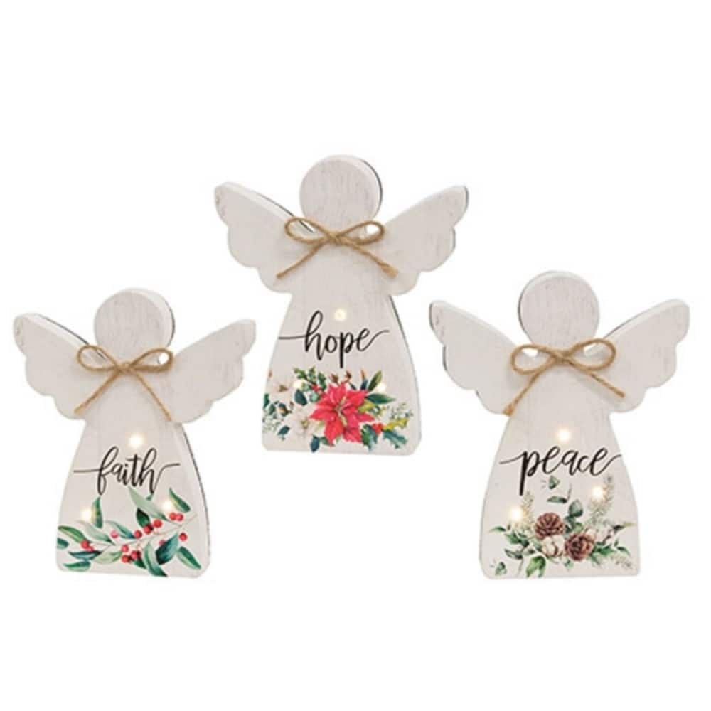 White Wood Angel LED Sitters with Rustic Carved Design and Jute Bows, 3 Asstd. - 5” L X 0.88” W x 6” H