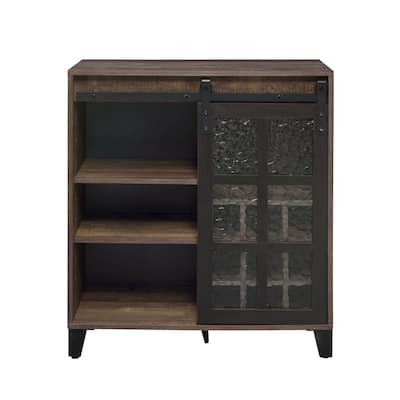 Wooden Wine Cabinet with 1 Glass Sliding Barn Door in Rustic Oak and Black