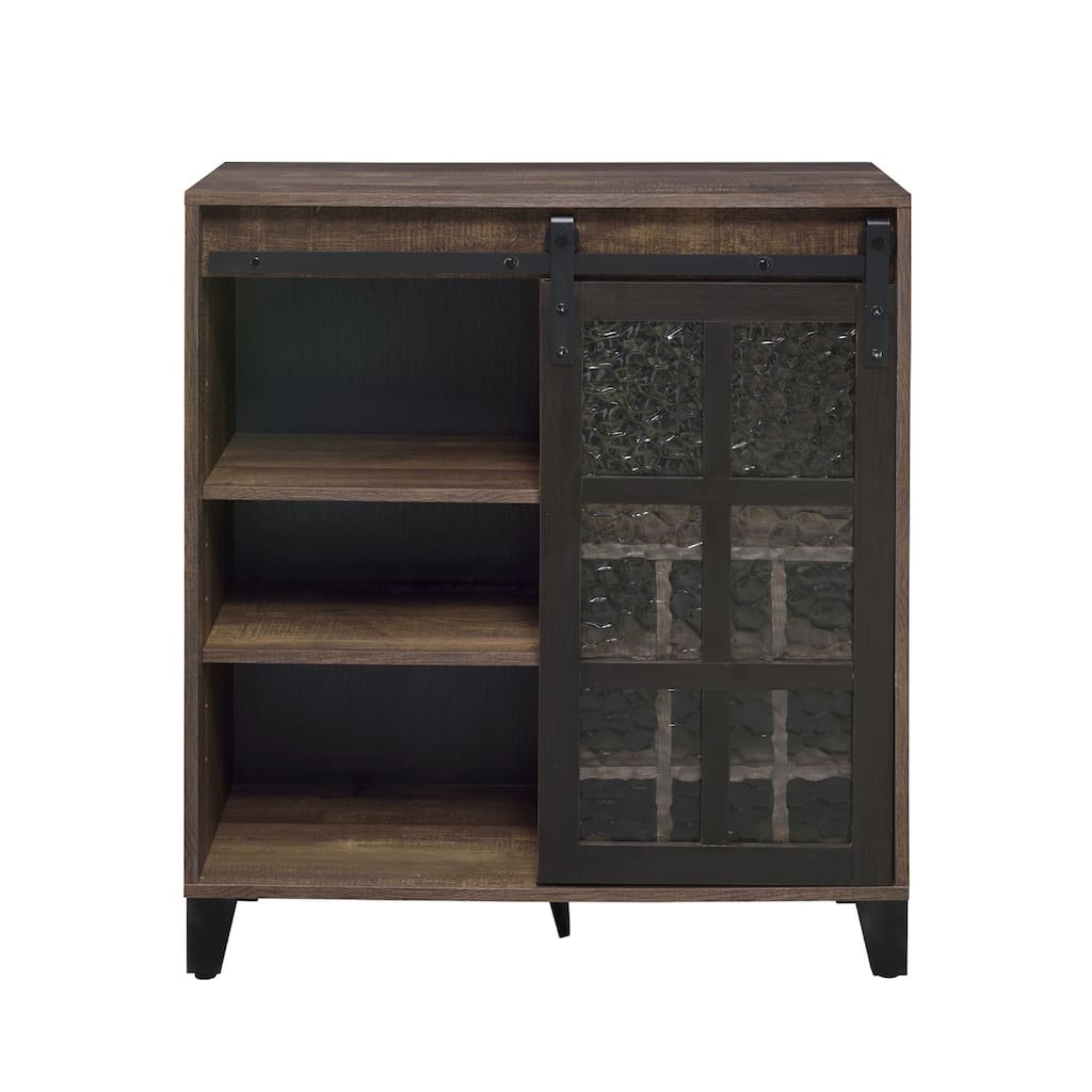 Wooden Wine Cabinet with 1 Glass Sliding Barn Door in Rustic Oak and Black