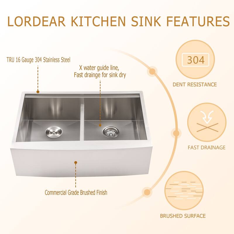 Lordear 33" Stainless Steel Sink Double Bowl Undermount Workstation Farmhouse Kitchen Sink with Accessories