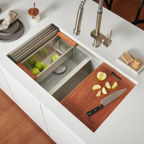 slide 2 of 11, Ruvati 33-inch Workstation Ledge 50/50 Double Bowl Undermount 16 Gauge Stainless Steel Kitchen Sink - 15″ x 16″, 15″ x 16″