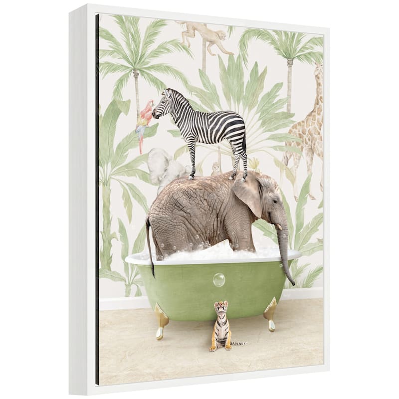 Kate and Laurel Sylvie Zebra Elephant and Weasel in Wild Safari Bathtub Framed Canvas by Amy Peterson - White