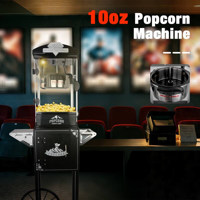 Popcorn Machine with Cart ,Wheels & 10 Oz Kettle Popcorn Maker Measuring 3 plastic spoon Home Theater Popcorn Machine