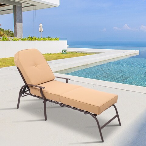 Adjustable Outdoor Steel Patio Chaise Lounge Chair with Cushions Beige