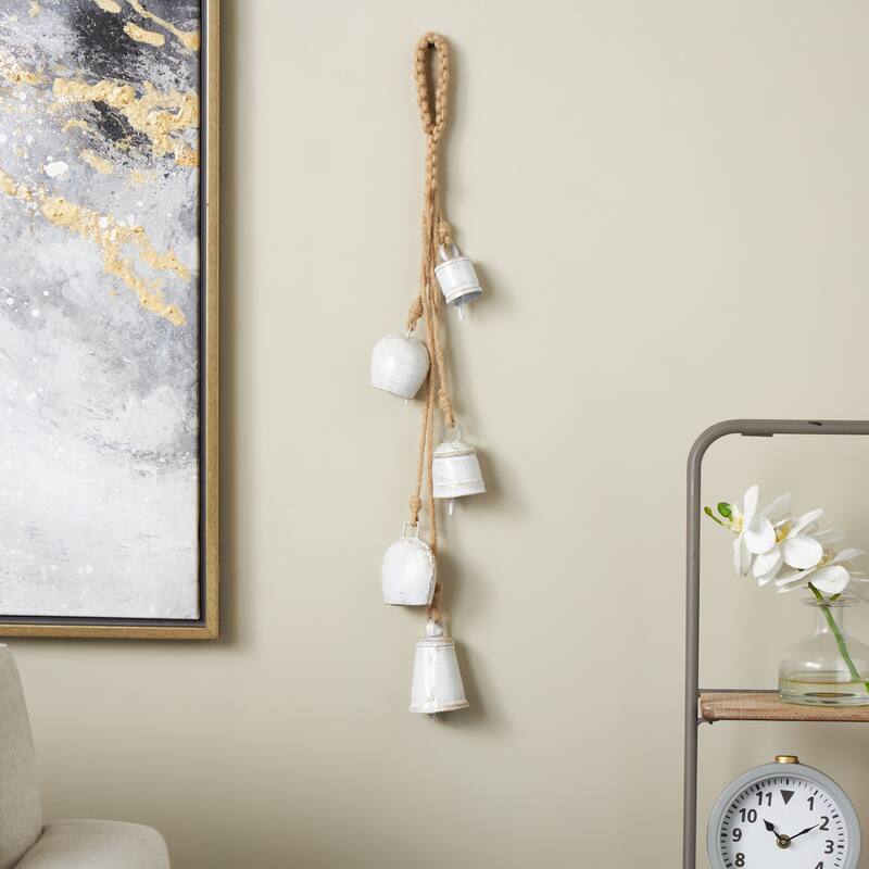 Gold, White or Black Metal Tibetan Inspired Cascading Indoor Outdoor Decorative Cow Bells with 5 Bells on Jute Hanging Rope - White