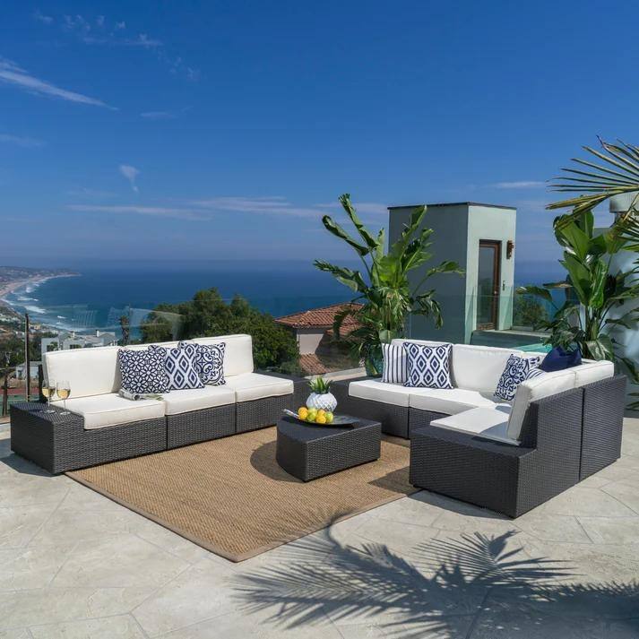 Roomfitters 8-Piece Outdoor Wicker Patio Sectional Set, Weather-Resistant Rattan Sofa with Cushions & Glass Coffee Table, Grey