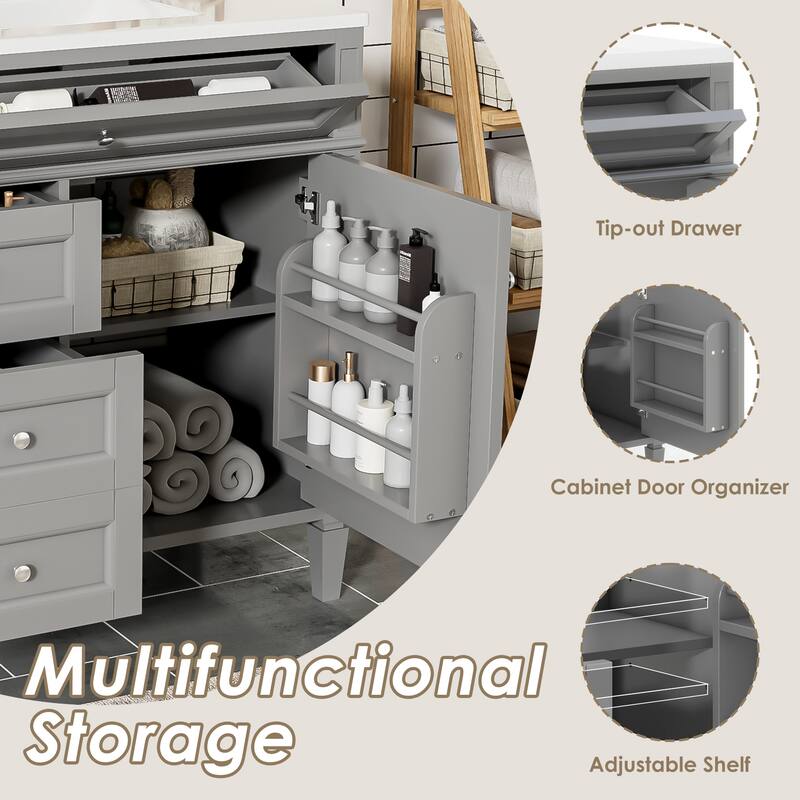 Modern Single Sink Bathroom Vanity Cabinet with Door Rack, Tip-out Drawer, 2 Pull-out Drawers, Metal Knobs and Adjustable Shelf