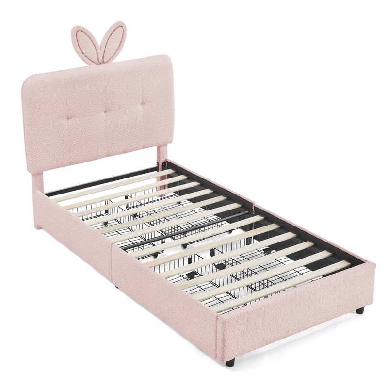 Kids Boucle Upholstered Bed with Rabbit Ear Headboard, LED Music Sync & 4 Drawers
