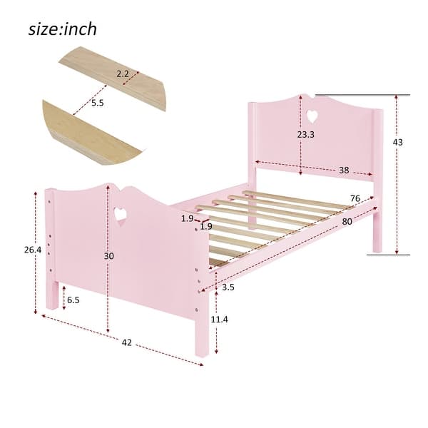 dimension image slide 0 of 2, Twin Size Platform Bed with Heart-shaped Decoration Headboard and Footboard, Slat Bed Frame with Wood Slat Support