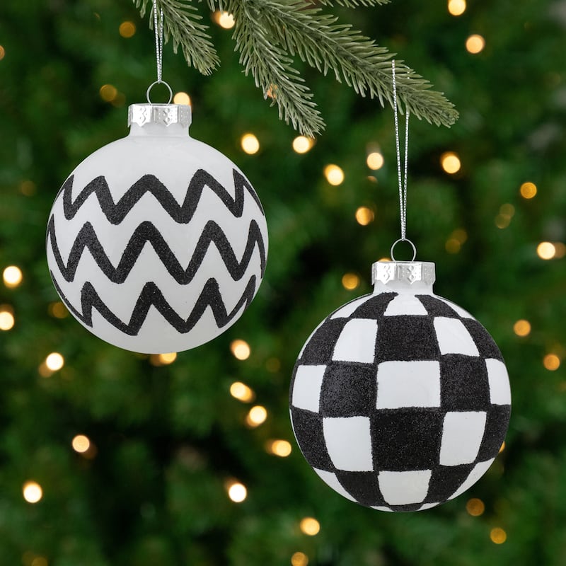 4ct Black White Zig Zag Checkered Christmas Glass Ornaments 2.75"