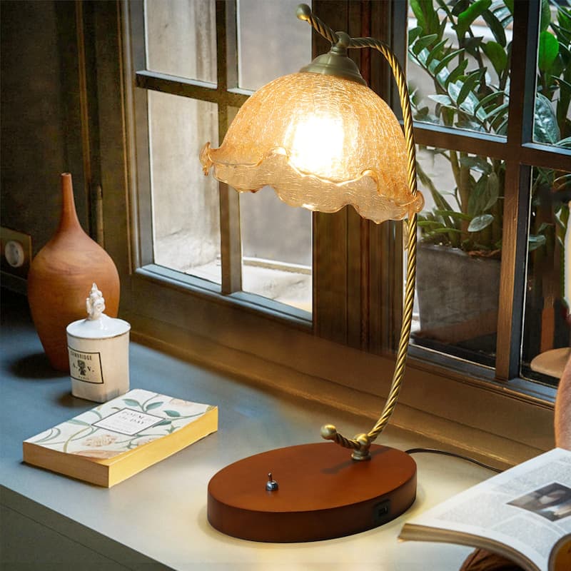 Antique Nightstand Table Lamp Flower Lampshade USB Charging Port - Brown
