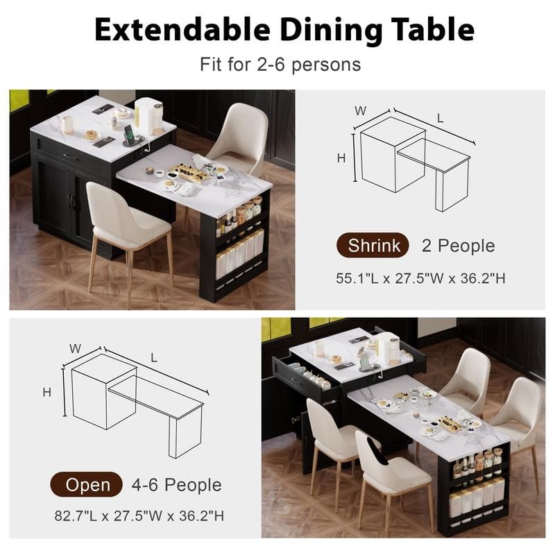 Betsy Kitchen Island with Extendable Dining Table for 4-6 Person