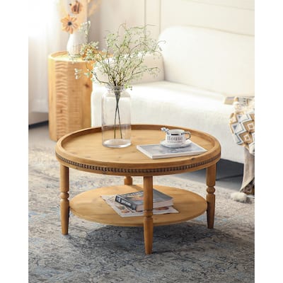 31.3" Round Boho Coffee Table - 2-Tier Accent Table With Storage Shelf, Beaded Trim & Curved Solid Wood Legs.