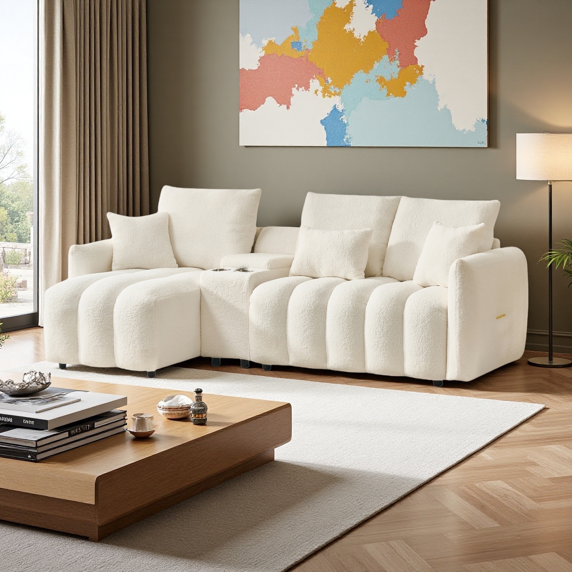 91.3" Teddy Fabric L-Shaped Sectional Sofa with USB Console & Storage