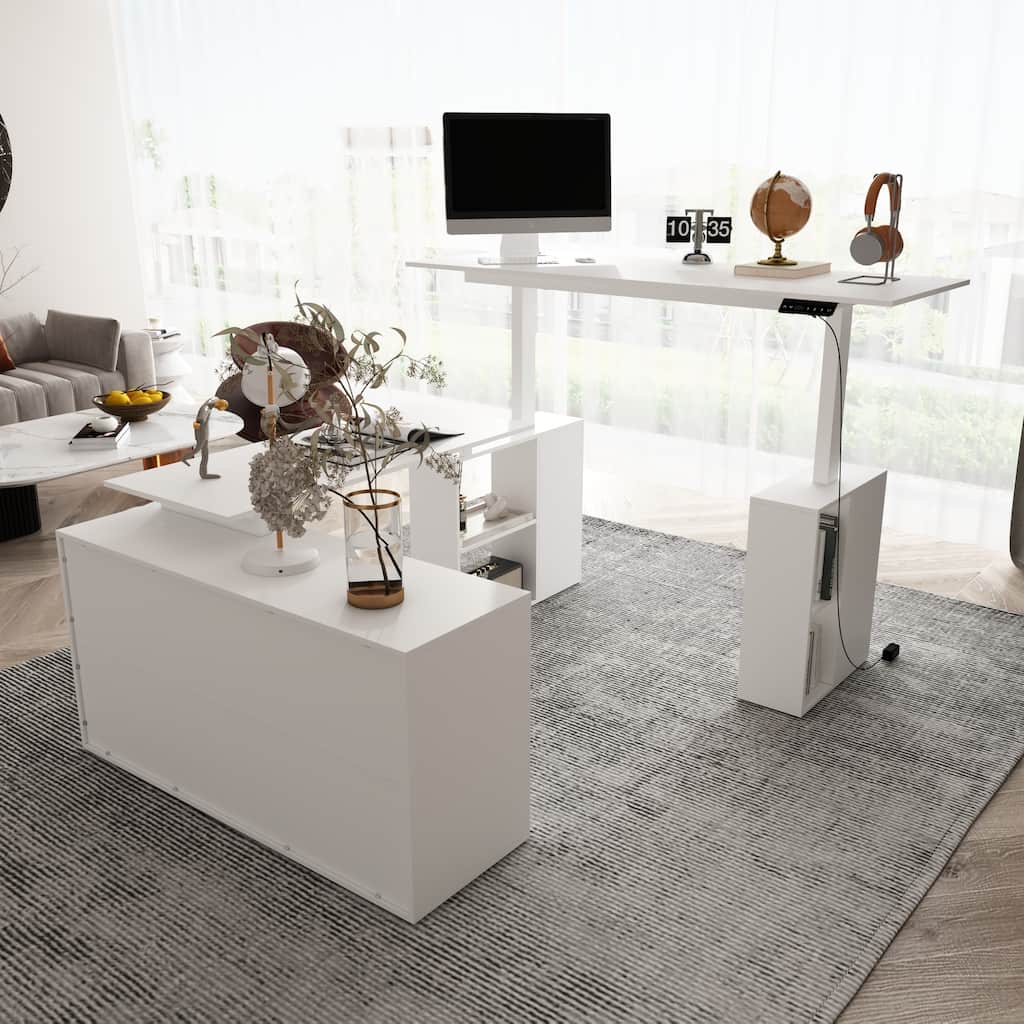 Electric Height-Adjustable Office Desk with Glass Cabinets & Storage