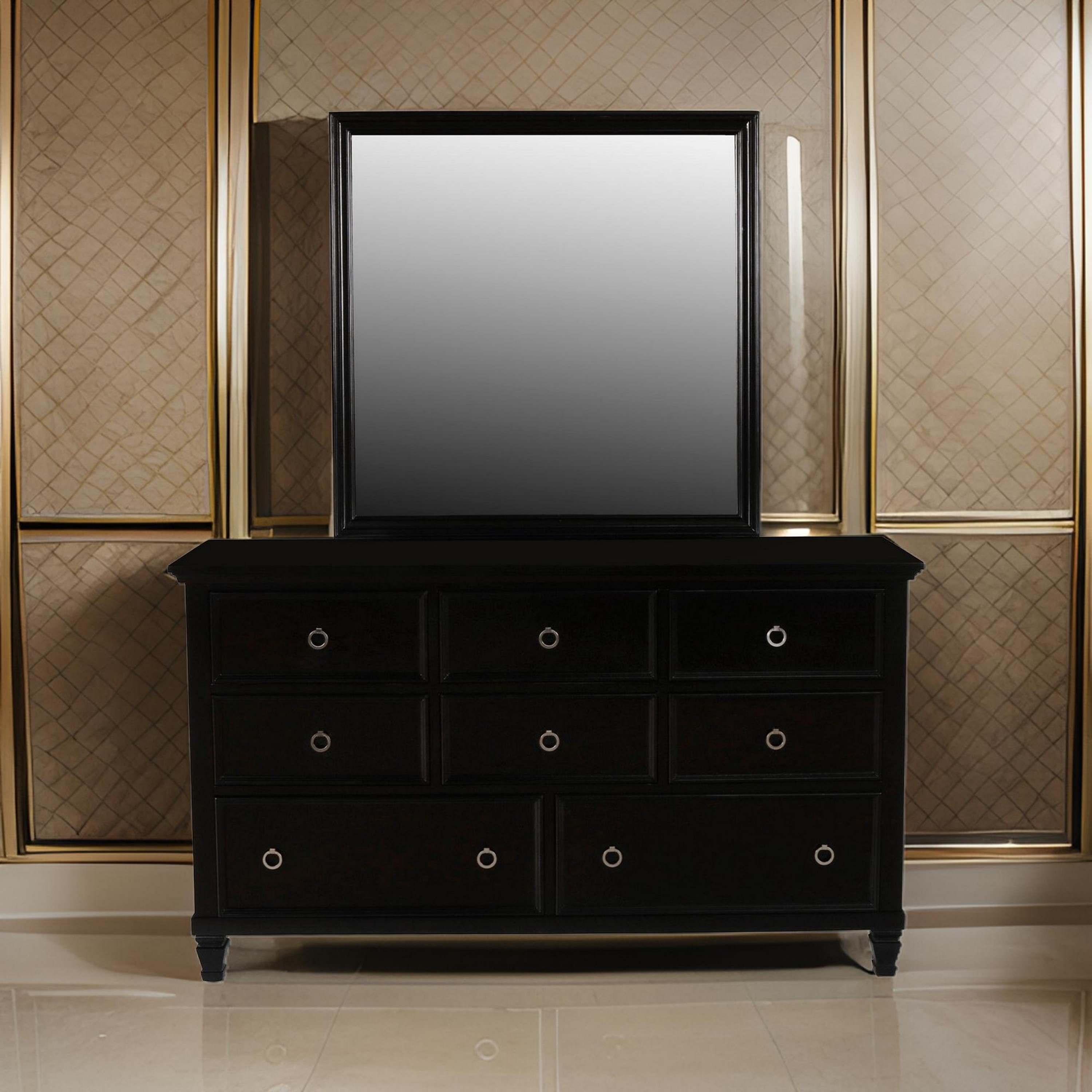 Benjara Umi 39 x 39 Dresser Mirror, Molded Design Solid Wood Black Square Frame
