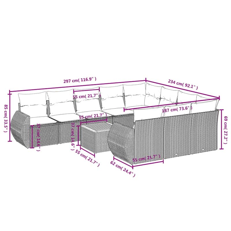 vidaXL 11 Piece Patio Sofa Set with Cushions Black Poly Rattan - 24.4 x 24.4 x 27.2