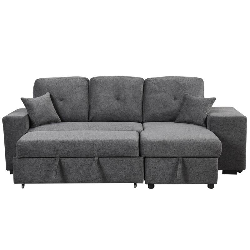 Reversible Sleeper Sectional Sofa Bed with Side Shelf and 2 Stools,Pull-Out L-Shaped Sofa Bed