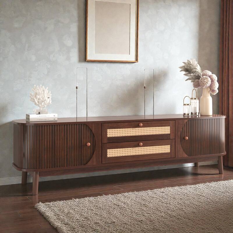 Rattan TV Stand for TVs up to 75'', Modern Farmhouse Entertainment Center with Solid Wood Legs and Storage Cabinets