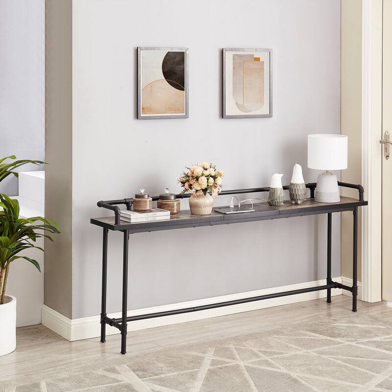 Mid Century Console Table with Power Outlet, Narrow Sofa Table, Sofa Couch Table with Charging Station USB Port