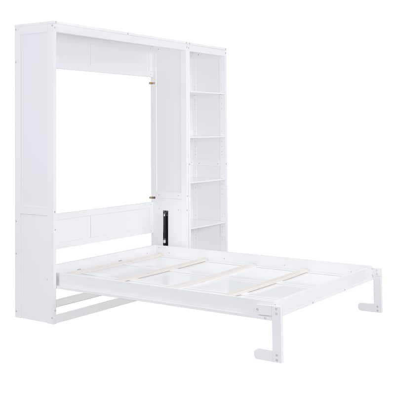 Queen Size Smart Murphy Bed - Space-Saving Wall Bed with 5-Tier Storage Cabinet & Adjustable Shelving